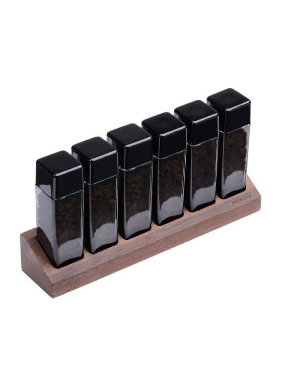 Normcore / 6 GLASS TUBES COFFEE BEAN CELLARS  WITH WALNUT STAND