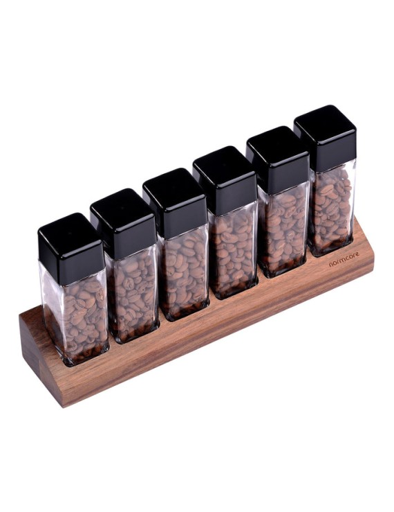 Normcore / 6 GLASS TUBES COFFEE BEAN CELLARS  WITH WALNUT STAND