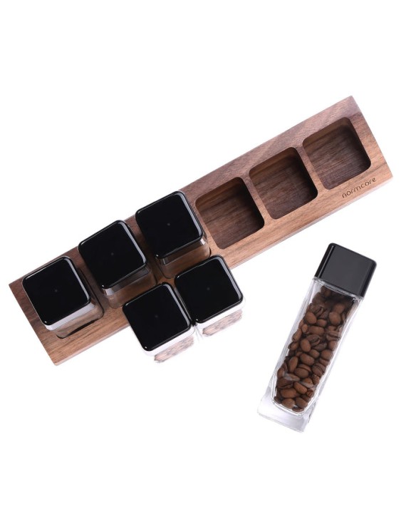 Normcore / 6 GLASS TUBES COFFEE BEAN CELLARS  WITH WALNUT STAND