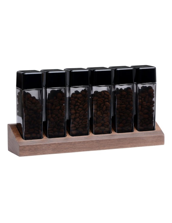 Normcore / 6 GLASS TUBES COFFEE BEAN CELLARS  WITH WALNUT STAND