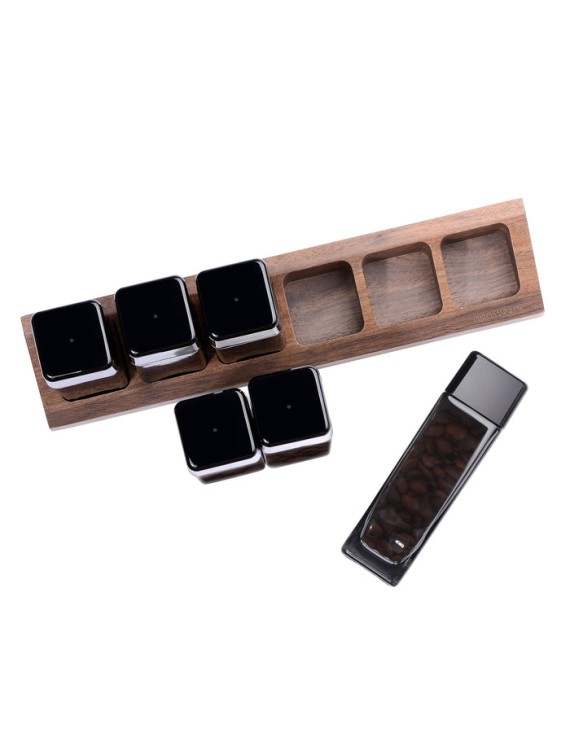 Normcore / 6 GLASS TUBES COFFEE BEAN CELLARS  WITH WALNUT STAND
