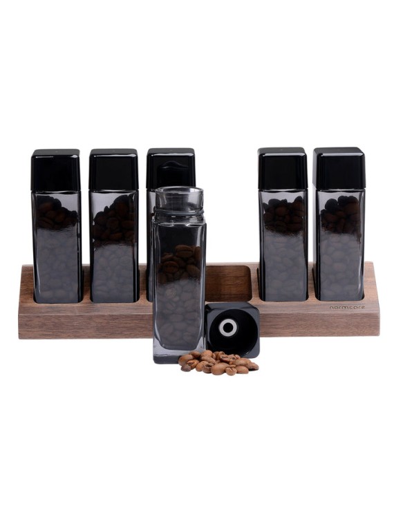 Normcore / 6 GLASS TUBES COFFEE BEAN CELLARS  WITH WALNUT STAND